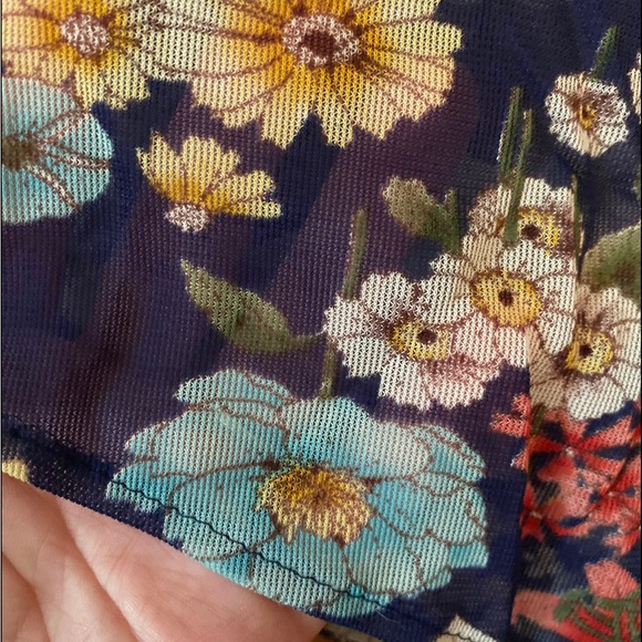 Vintage 70s navy floral button-up blouse, sheer - Picture 3 of 7